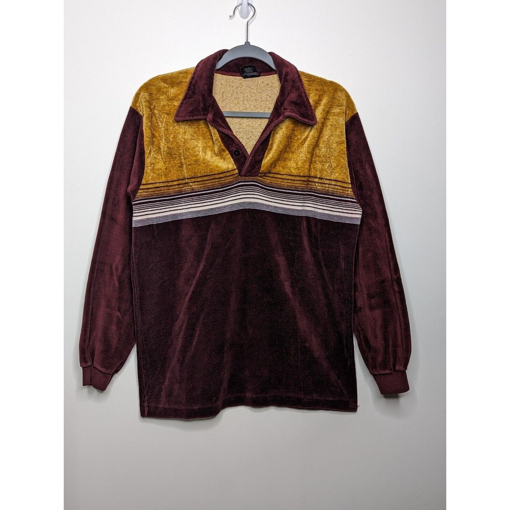 Vintage Campus Sweater Mens Large 70s Velour Disco Groovy Pullover Terry Shirt